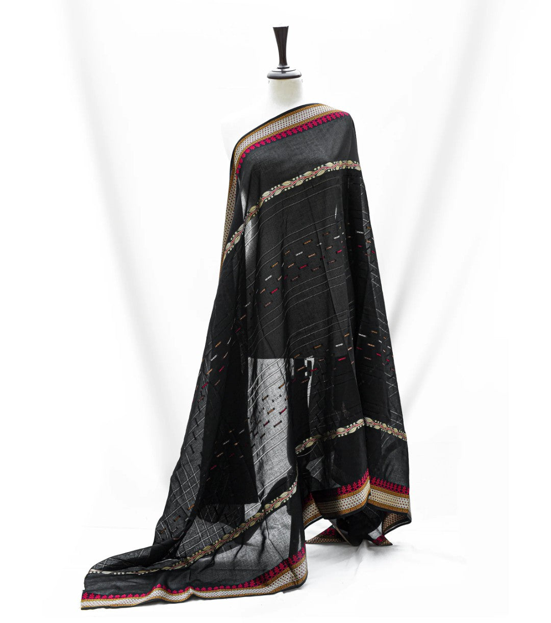 Elegant Black Pure Lawn Shawl with Traditional Woven Border