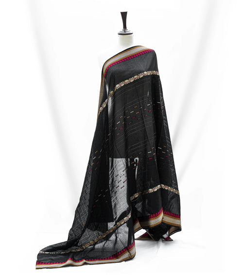 Elegant Black Pure Lawn Shawl with Traditional Woven Border