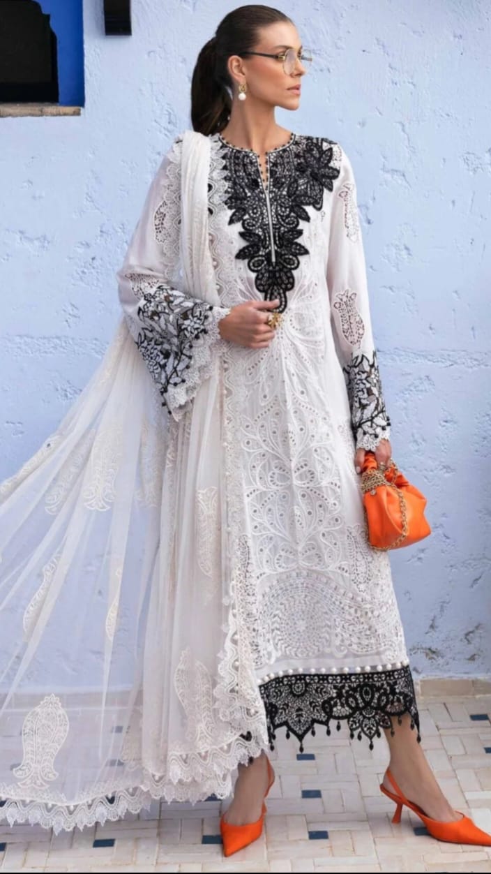 Maria B Inspired Embroidered Neckline with daman Border , Lace| Designer Set