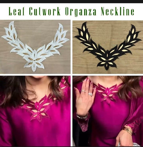 Elegant Leaf Cutwork Organza Neckline | Designer Embroidered Neck Patch
